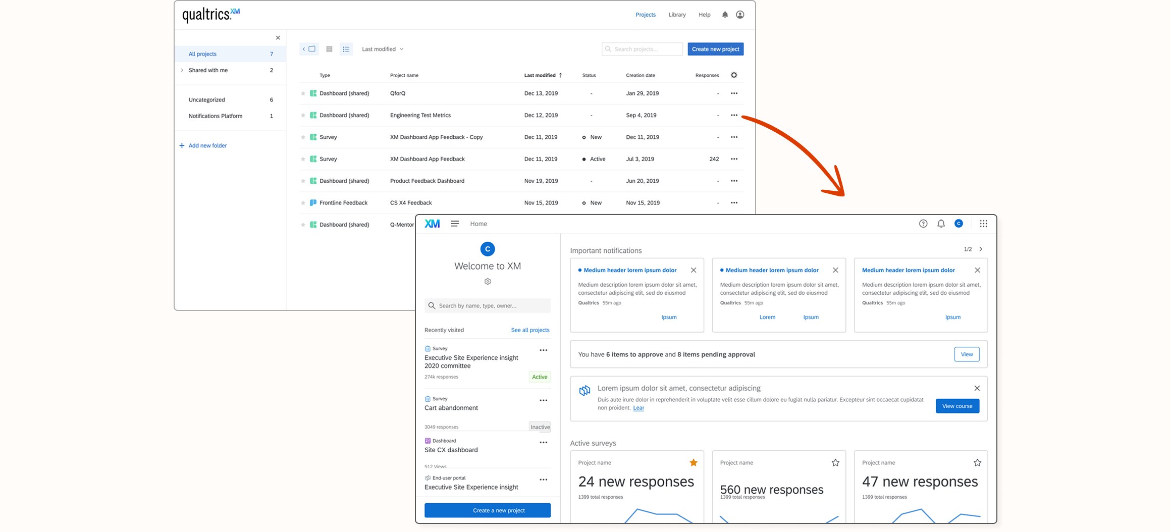 The old project list landing experience compared to the new homepage