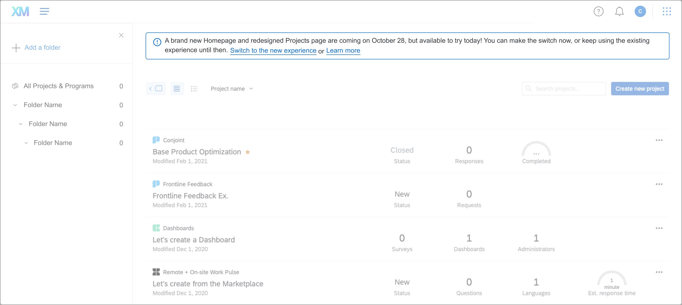 In-product banner announcing the new homepage with an option to switch now or learn more