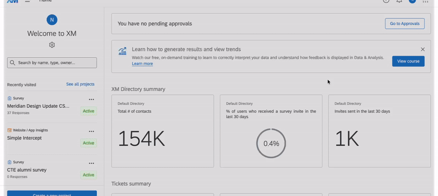 The final redesigned homepage showing active surveys and personalized content