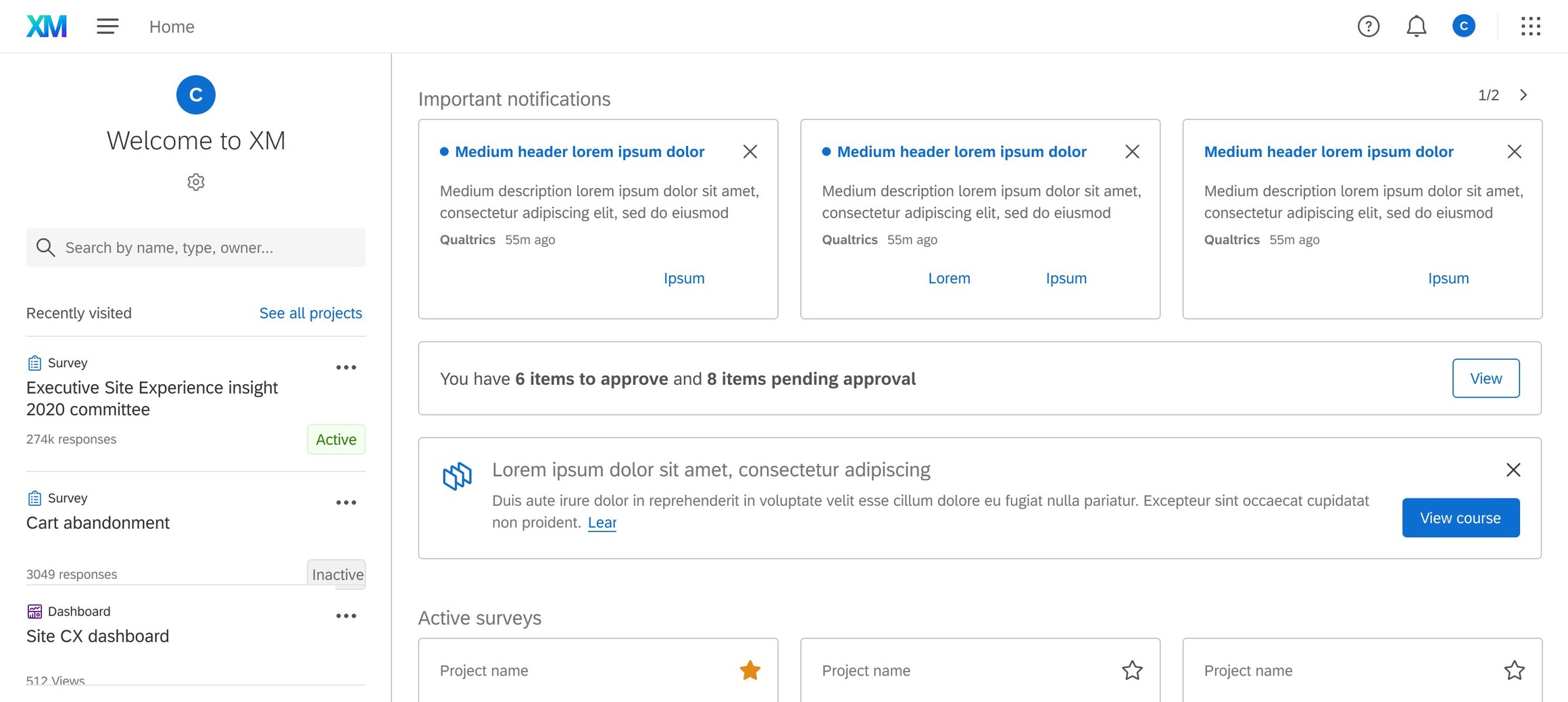 The redesigned Qualtrics homepage dashboard