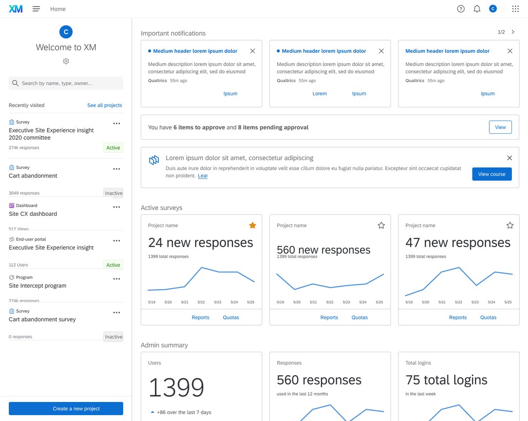 Reimagined Qualtrics homepage dashboard