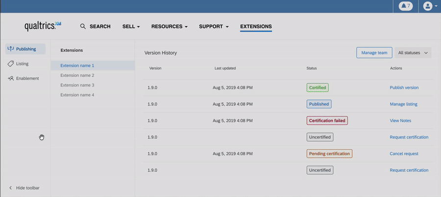 The extensions listing management table, showing certification status badges and actions to create, manage, or continue editing a listing