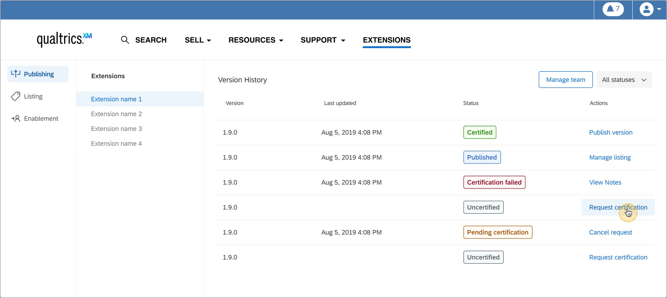 Partner Portal extension version history with certification and publishing status