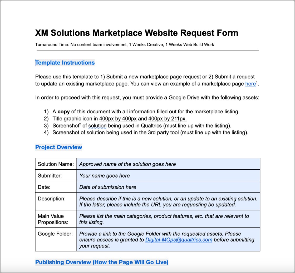 Google doc form used to request a Marketplace listing