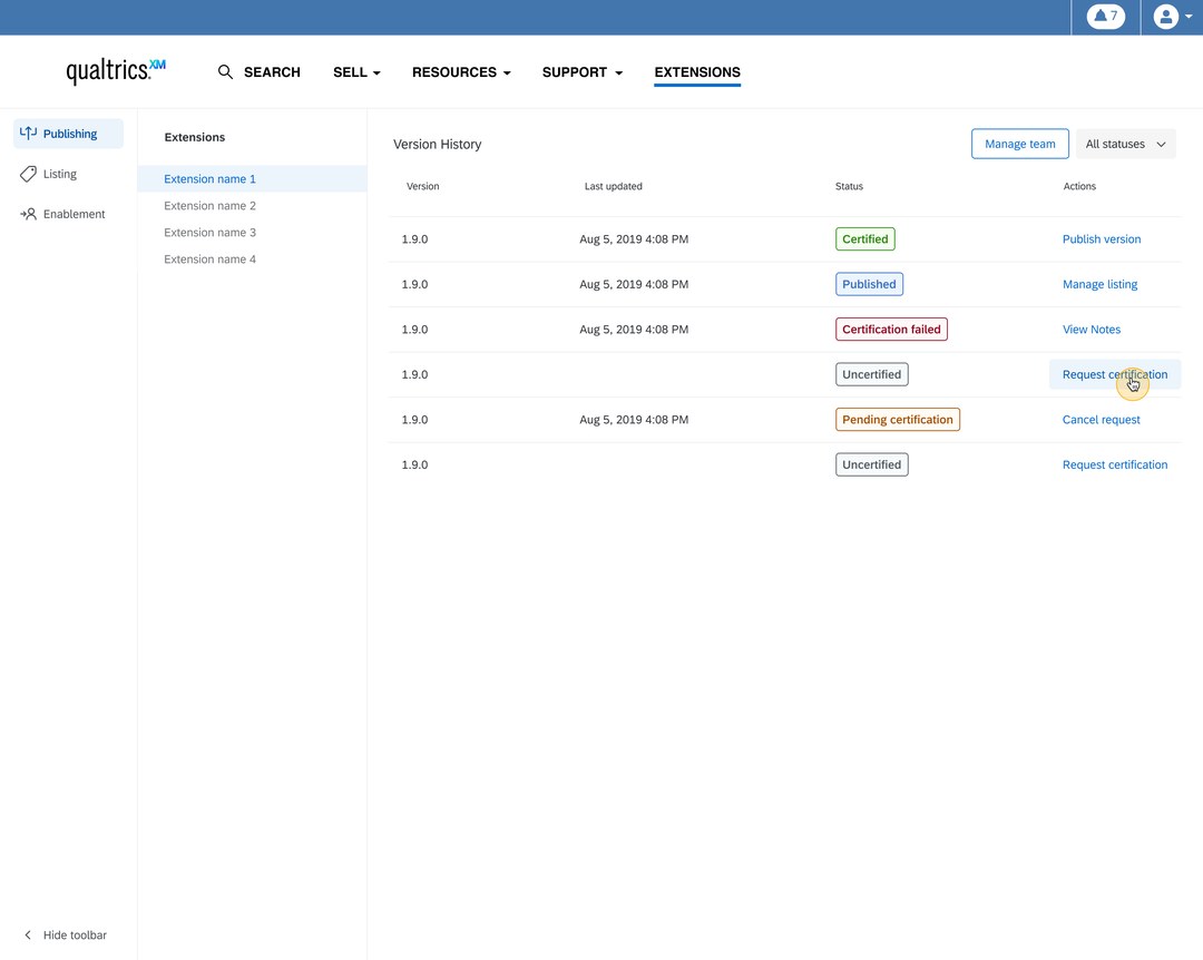 Partner Portal extension version history and certification status